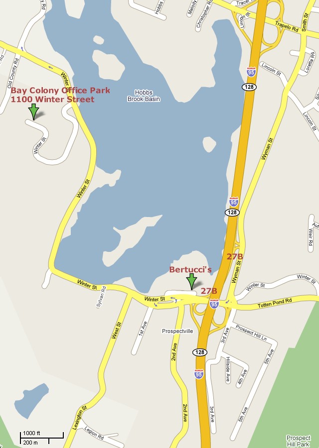 from Bertucci's to the Conference Center at the Bay Colony Office Park